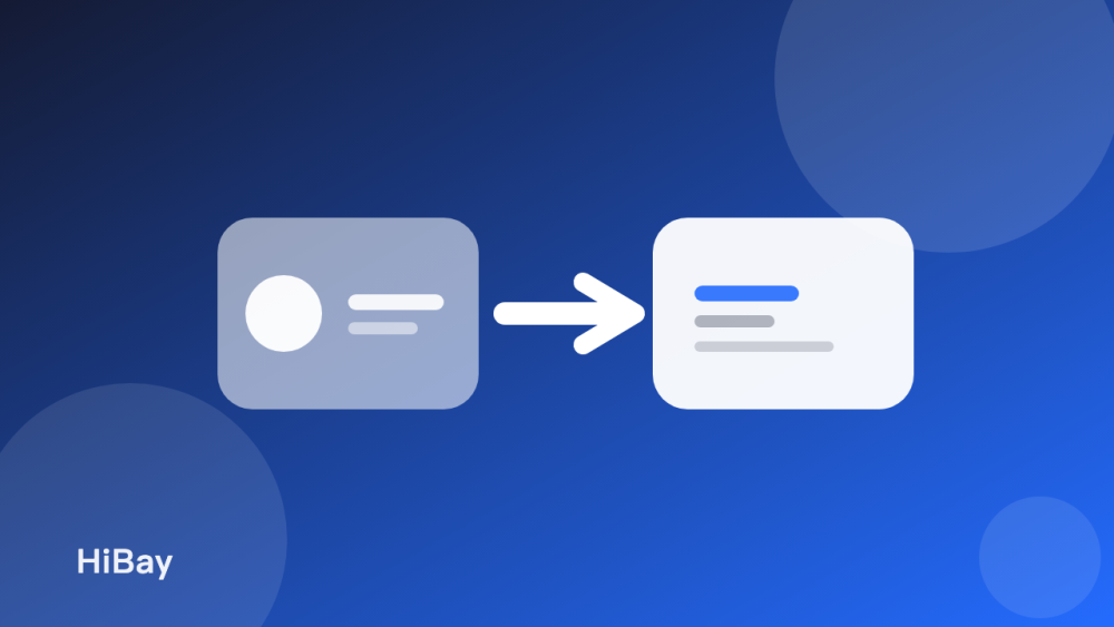 Illustration of two app chips connected by an arrow on a navy-blue gradient, representing the MojoHi to Hibay rename.